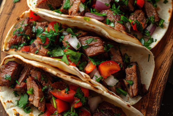 Top-down view of tortillas filled with assorted vegetables and beans